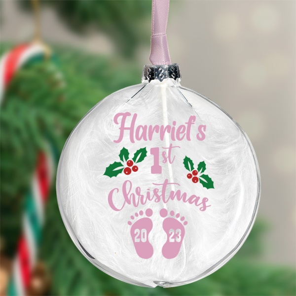 Personalised 1st Christmas Glass Bauble Pink, Blue or Red